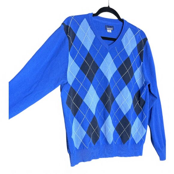 Women's Blue Argyle Preppy Academia Twee V-Neck Pullover Sweater - Size XL - Picture 2 of 5